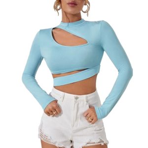 Autumn Blank O Neck Cut Out Long Sleeve T Shirt Women Crop Top